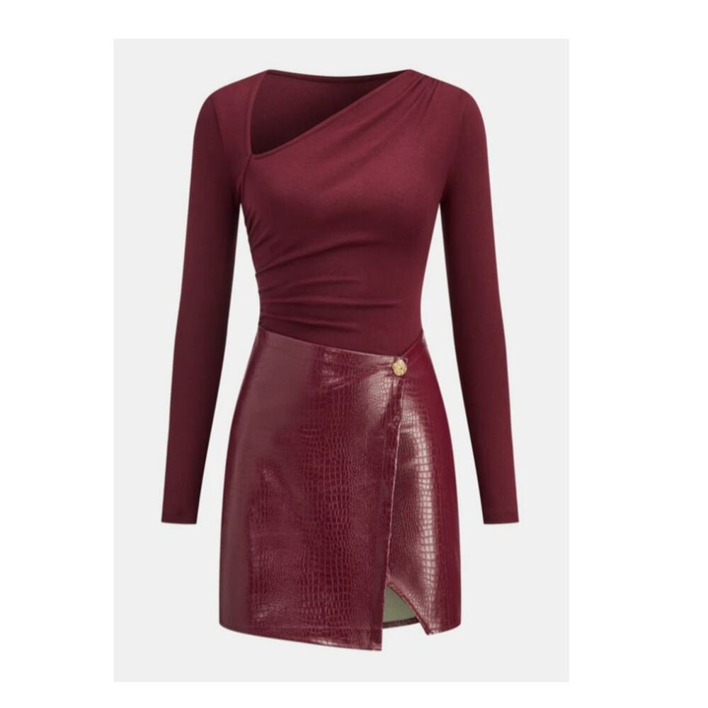 NWT Commense Red Faux Leather Paneled Knit Mini Dress Size Large Asymmetric Neck